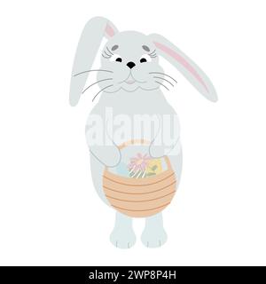 An Easter bunny cartoon rabbit holding a giant Easter egg illustration Stock Vector