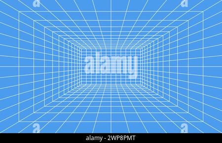 Grid room in perspective in 3d style. Indoor wireframe from white laser beam on  blue background, digital empty box. Abstract geometric design. Vector Stock Vector