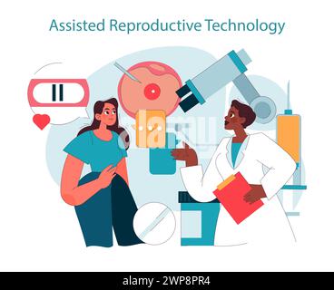 Assisted reproductive technology or ART. Doctor discussing IVF with a hopeful woman, showcasing ovary and medical instruments. Advanced fertility treatment. Flat vector illustration Stock Vector