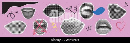 Set of Halftone Female mouths in different poses on pink background.  90s style halftone shape for trendy collage. Dots texture. Contemporary style. V Stock Vector
