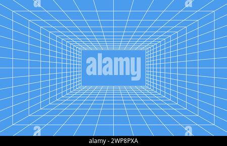 Grid room in perspective in 3d style. Indoor wireframe from white laser beam on  blue background, digital empty box. Abstract geometric design. Vector Stock Vector