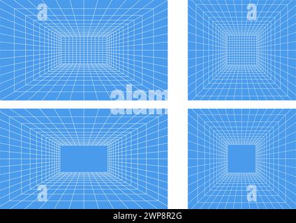 Set of grid room in perspective in 3d style. Indoor wireframe from white laser beam on  blue background, digital empty box. Abstract geometric design. Stock Vector