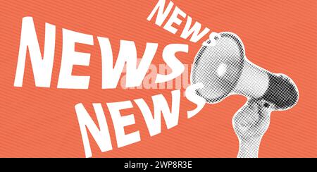 Hand holding megaphone with news lettering. Concept of creativity, mass media influence, information, news, sale. Modern minimal style for poster, ban Stock Vector