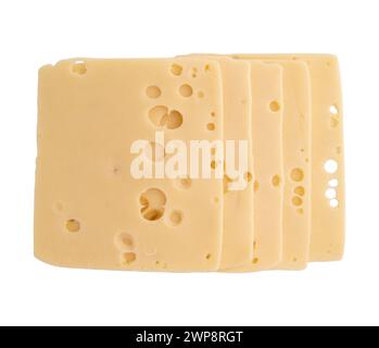 thin slices of swiss or maasdam cheese isolated on white background with clipping path Stock Photo