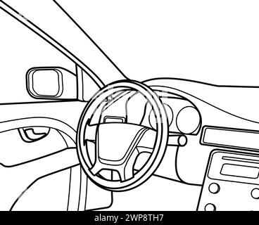 simple modern car interior steering wheel line drawing left hand drive vector isolated on white background Stock Vector