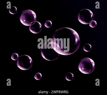 Realistic transparent pink soap bubbles with rainbow reflection. Isolated set composition. Stock Vector