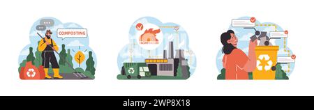 Waste Management set. Proactive citizen composting, eco-friendly disposal via incineration, and a woman recycling responsibly. Sustainable practices in urban settings. Flat vector illustration Stock Vector