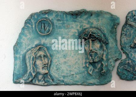 4th Stations of the Cross, Jesus meets His Mother, parish church of the Blessed Virgin Mary Help of Christians in Ivanec Bistranski, Croatia Stock Photo