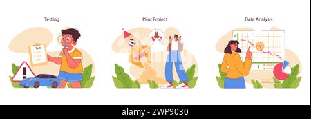 Innovation cycle set. Generation of a creative idea or business solution. Start up or new project development. Data analysis, prototyping and testing. Flat vector illustration Stock Vector