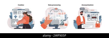 Digital privacy set. Online data security actions. User interaction with cookies, data storage decisions, personal information protection. Secure browsing practices. Flat vector illustration. Stock Vector