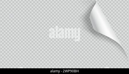 Curled corner of paper with shadow realistic vector illustration. Office essentials. Turning notebook page 3d model on transparent background Stock Vector