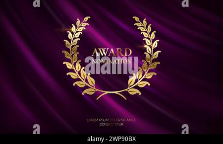 Golden laurel crown with text realistic vector illustration. Winner wreath 3d model on purple curtain background. Award nomination marking Stock Vector