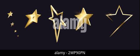 Shining golden stars realistic vector illustration set. Winner award 3d element. Sparkling competition victory symbols on black background collection Stock Vector