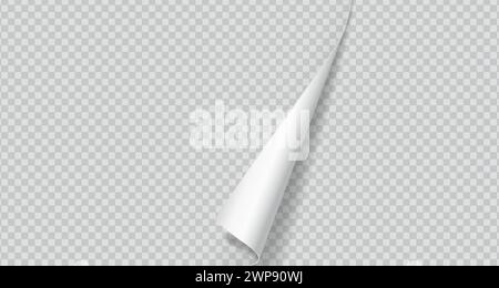 Curled corner of paper with shadow realistic vector illustration. Office essentials. Turning notebook page 3d model on transparent background Stock Vector