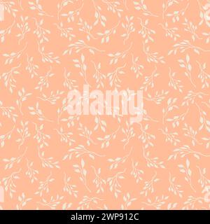 Delicate floral vine seamless pattern with hand drawn plants elements for textile fabric or wallpaper, scrapbook paper. Light peach fuzz pink vector b Stock Vector