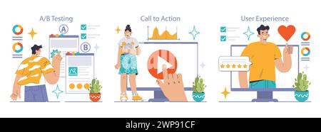 Digital Marketing set. Analyzing A B test results, engaging call-to-action strategies, enhancing user satisfaction. Web page tweaks, touchpoint interaction, customer feedback. Flat vector illustration Stock Vector