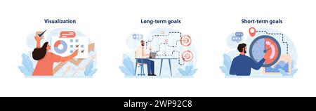 Goal Planning set. Visualization techniques, drafting long-term objectives, and setting immediate priorities. Time management, strategy alignment, and actionable insights. Flat vector illustration Stock Vector