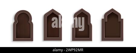 Ramadan shape windows set isolated on white background. Vector realistic illustration of traditional islam mosque or arab palace design elements, brown wooden door or gate, middle east architecture Stock Vector