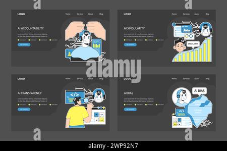 AI ethics web or landing dark or night mode set. Artificial intelligence regulation. Accountability, singularity and autonomy, bias types, transparency, safety and privacy. Flat vector illustration. Stock Vector