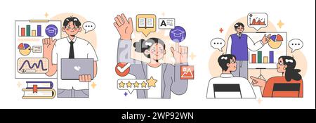 Training workshop set. Interactive training process. Professional development. Increasing of business competences and skills. Flat vector illustration Stock Vector