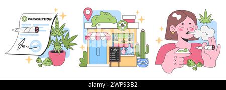 Medical Cannabis set. Prescription note, retail store, and relaxed user experience. Legal purchase, holistic therapy. Natural remedy exploration. Flat vector illustration. Stock Vector