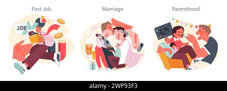 Life Milestones set. Young man celebrates first job, couple seals their love in marriage, parents joyfully nurture their child. Career start, romantic commitment, early parenthood. Flat vector. Stock Vector