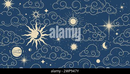 Seamless mystic space pattern with clouds, astrology magic background in tarot style, night sky with clouds and moon, vector Stock Vector