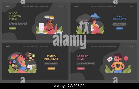 Childhood neurosis dark or night mode web or landing set. Children feeling anxious and depressed. School stress, media, family dynamics. Kid external pressures and heavy emotions. Flat vector Stock Vector
