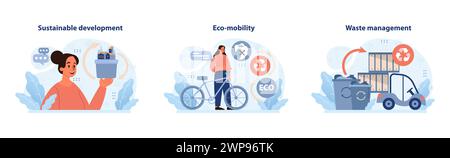 Eco conscious set. Woman presenting sustainable urban planning, embracing eco-friendly transportation, and efficient waste handling. City's green initiative. Clean transport. Proper disposal Stock Vector