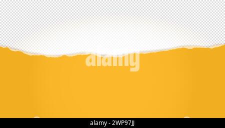 Torn, ripped horizontal yellow paper strip with soft shadow is on squared background for text. Stock Vector
