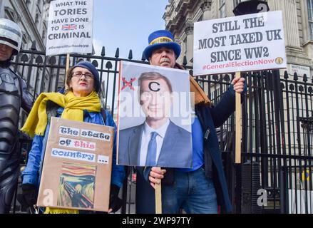 London, UK. 6th March 2024. Anti-Brexit activist Steve Bray makes his feelings known about Chancellor of the Exchequer Jeremy Hunt outside Downing Street as anti-Tory protesters gather on Budget Day. Credit: Vuk Valcic/Alamy Live News Stock Photo