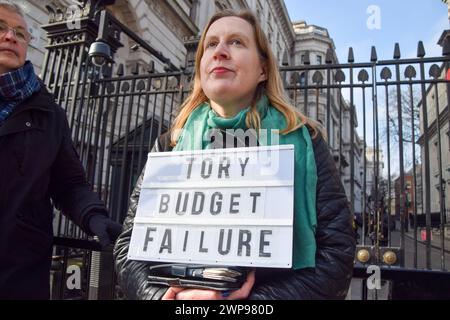 London, UK. 6th March 2024. Anti-Tory protesters gather outside Downing Street on Budget Day. Credit: Vuk Valcic/Alamy Live News Stock Photo