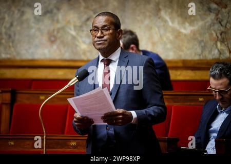 © Thomas Padilla/MAXPPP - 06/03/2024 ; Paris, FRANCE ; SEANCE DE QUESTIONS AU GOUVERNEMENT DANS L' HEMICYCLE DE L' ASSEMBLEE NATIONALE. MAX MATHIASIN. Session of questions to the Government at the French National Assembly in Paris, on March 06, 2024. Credit: MAXPPP/Alamy Live News Stock Photo