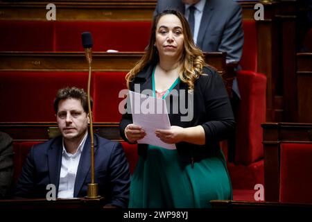 © Thomas Padilla/MAXPPP - 06/03/2024 ; Paris, FRANCE ; SEANCE DE QUESTIONS AU GOUVERNEMENT DANS L' HEMICYCLE DE L' ASSEMBLEE NATIONALE. SABRINA SEBAIHI. Session of questions to the Government at the French National Assembly in Paris, on March 06, 2024. Credit: MAXPPP/Alamy Live News Stock Photo