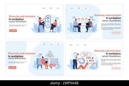 Inclusive workplace set. Modern employees collaborating, promoting ...