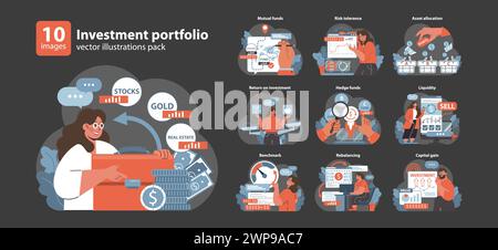 Investment portfolio set. Diverse strategies in finance and asset management. Stocks, gold, real estate choices. Return on investment, hedge funds dynamics. Flat vector illustration. Stock Vector