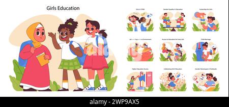 Girls education set. Diverse girls engaging in learning activities ...