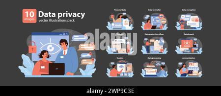 Data privacy set. Modern safeguards in digital landscape. Personal data management, encryption techniques, and security measures. Navigating online threats. Data protection essentials. Flat vector Stock Vector