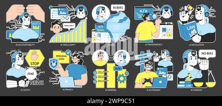 AI ethics dark or night mode set. Artificial intelligence alignment and regulation. Accountability, singularity and autonomy, bias types, transparency, safety and privacy. Flat vector illustration. Stock Vector