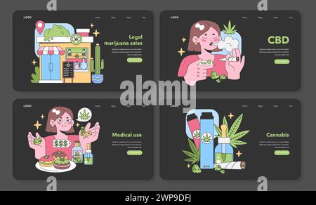 Cannabis collection. Dispensary storefront, joyful user, medical benefits. Recreational usage, CBD products, legalization wave. Flat vector illustration. Stock Vector