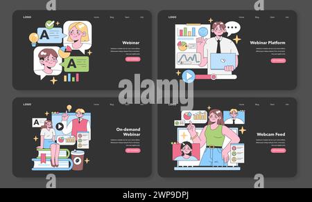Webinar collection set. Enthusiastic professionals engaging in online presentations, discussions, and on-demand content creation. Dynamic learning and collaboration. Flat vector illustration. Stock Vector