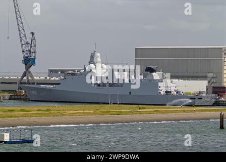 The HNLMS Evertsen, a Guided Missile Frigate alongside at Den Helder Port in the Netherlands, undergoing resupply operations in May. Stock Photo