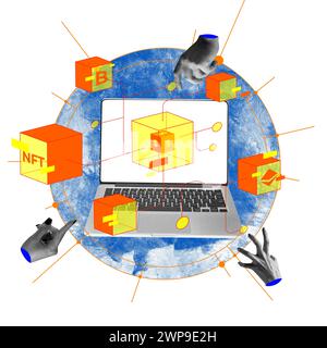 Creative collage. Hands reaching laptop with dollar sign and floating 3D crypto icons on blue digital globe. Rise of NFTs and their market impact Stock Photo