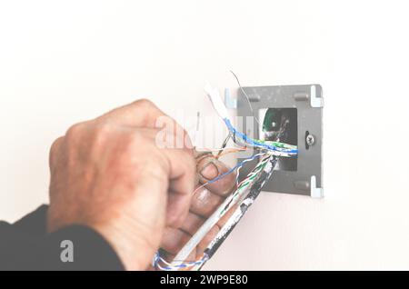 Electrician's hands when installing the socket and connecting the Internet Stock Photo