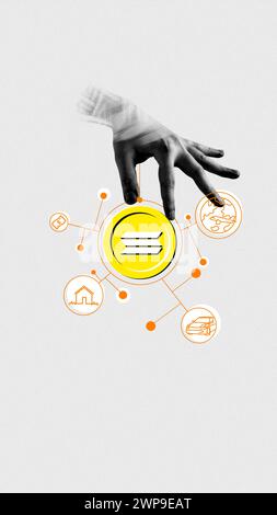 Hand holding Solana crypto coin symbol surrounded by industry application icons. Using virtual money for fast and low-cost transactions. Stock Photo