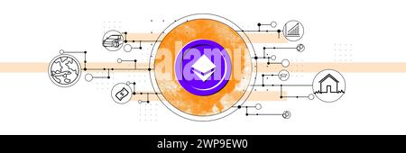 Crypto coin surrounded by icons representing various business and financial concepts. Possibility of using cryptocurrency for payments Stock Photo