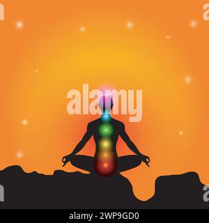 Human Silhouette In Yoga Pose with Chakras, Vector Illustration Stock Vector