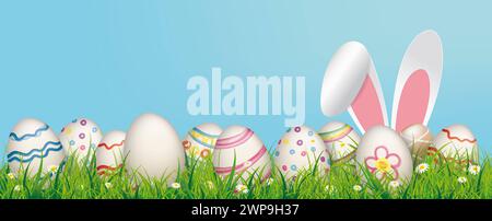 Hare Ears Natural Easter Eggs Blue Header Easter banner with colored easter eggs and hare ears in the green grass. Stock Photo