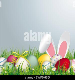 Easter Eggs Grass Rabbit Ears Grey Background Colored eggs with hare ears in the grass on the grey background. Stock Photo