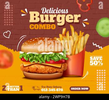 Fast food post. Burger social media advertising. Cheeseburger with sauce and French fries. Street meal combo. Meat restaurant menu. Fastfood cafe promotion. Delicious hamburger. Vector design template Stock Vector